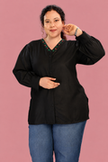 Embroidered V-Neck Puff-Sleeves Top