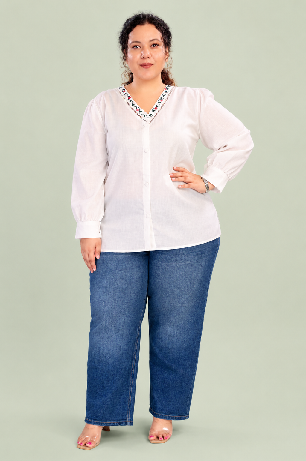 Embroidered V-Neck Puff-Sleeves Top