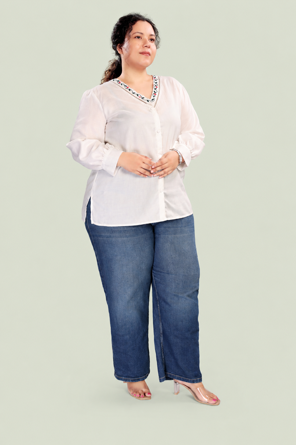 Embroidered V-Neck Puff-Sleeves Top