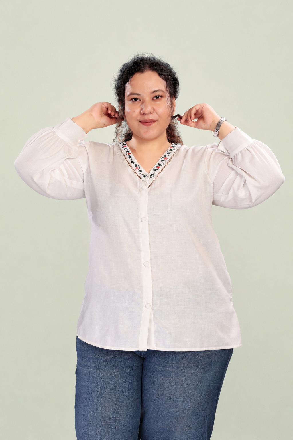 Embroidered V-Neck Puff-Sleeves Top